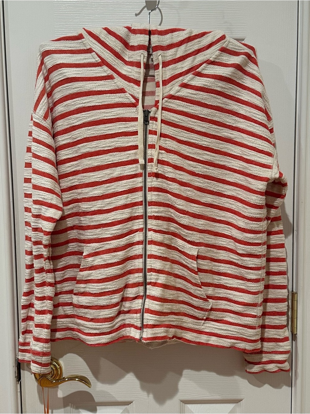 Gap Women Striped Orange and Cream Zip-Up Hoodie Sweatshirt, Size Large